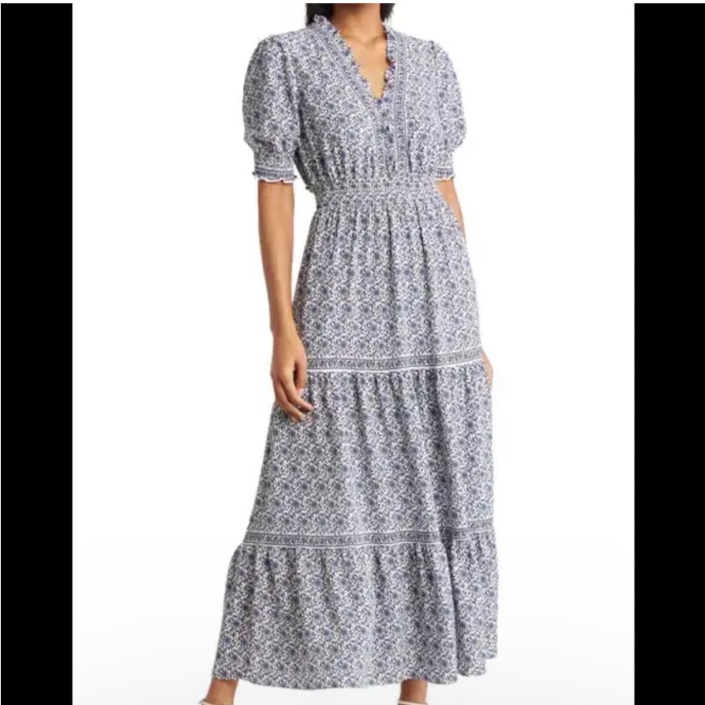 NWT max studio blue & white ruffle maxi dress